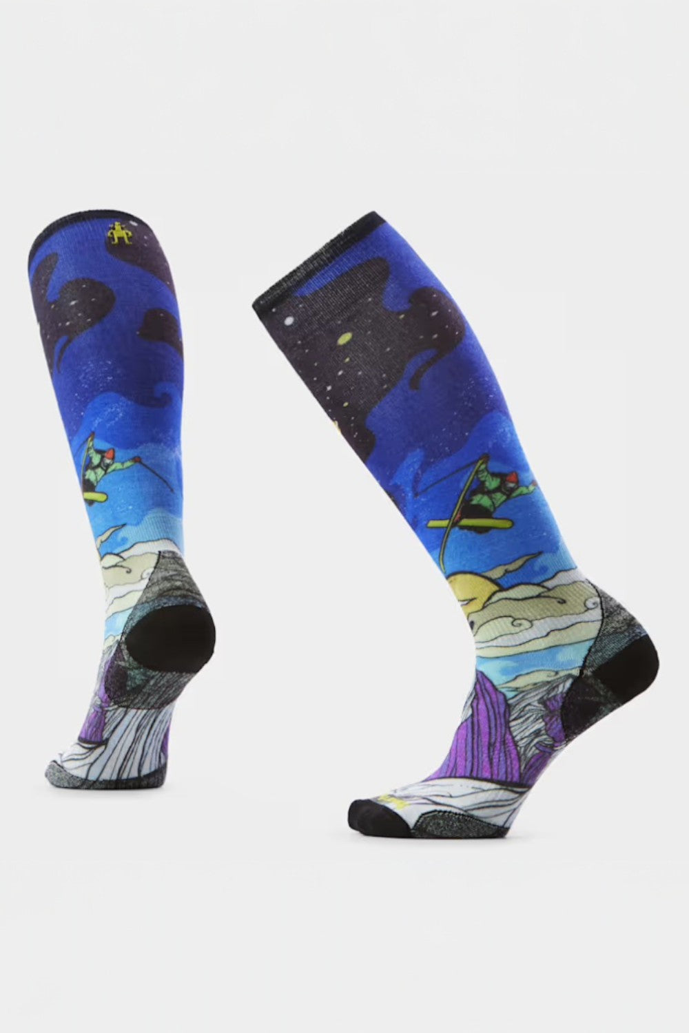 Pair of blue socks with colorful designs on a white background