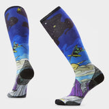 Pair of blue socks with colorful designs on a white background