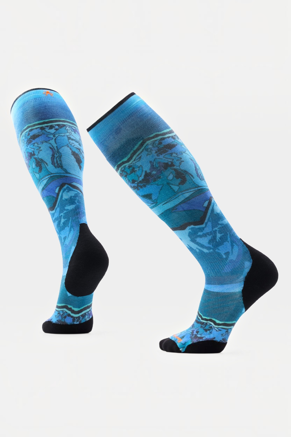 A pair of knee-high athletic socks with a blue and teal abstract pattern and black heels, toes, and cuffs, displayed on a light gray background.