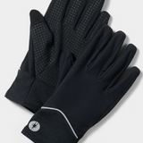 Black glove with reflective decoration and grip detail on the palm photographed on a light background.
