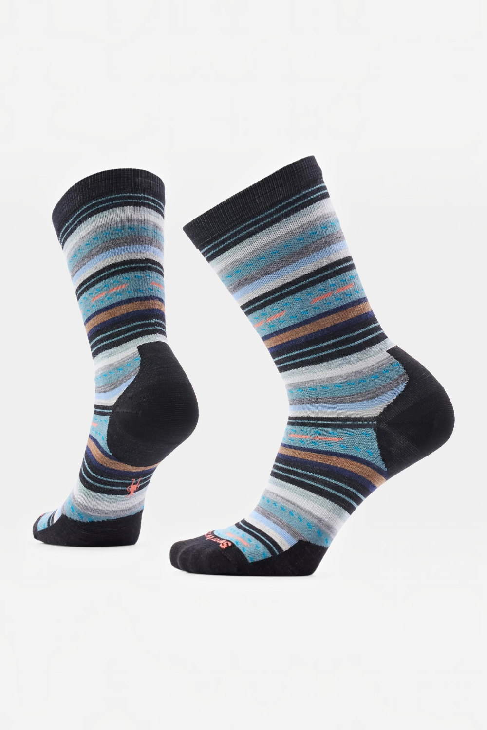 A pair of crew socks with a striped pattern in shades of blue, gray, black, and brown, featuring solid black heels, toes, and cuffs. A small logo is visible on the sole of the right sock.