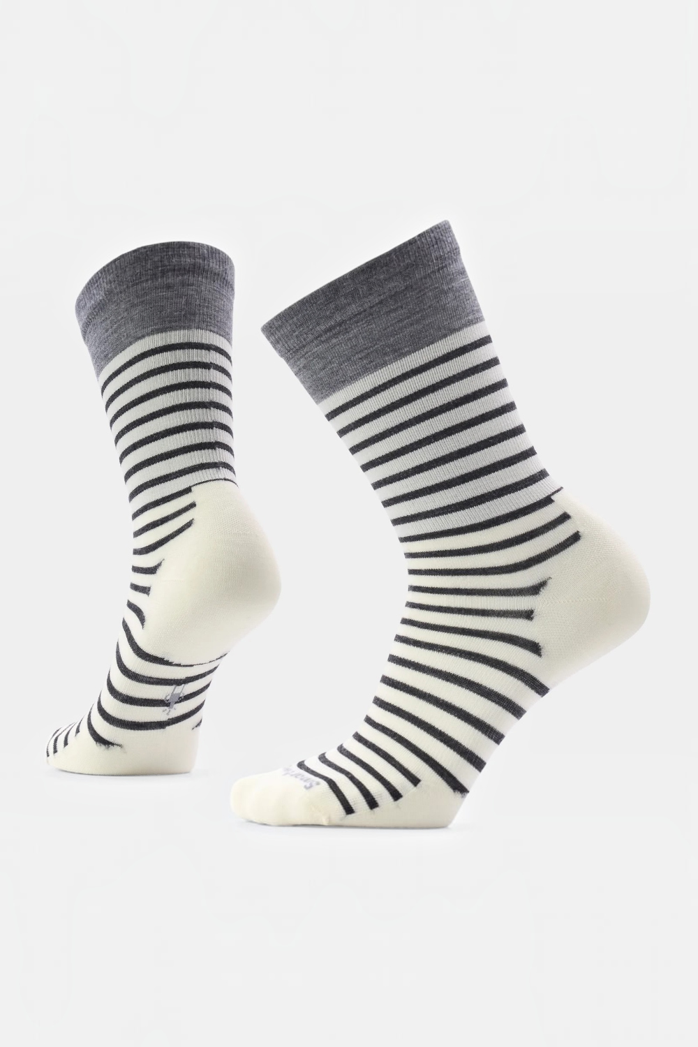 Black-and-white striped crew socks with a grey cuff, against a clean white studio background.