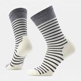 Black-and-white striped crew socks with a grey cuff, against a clean white studio background.