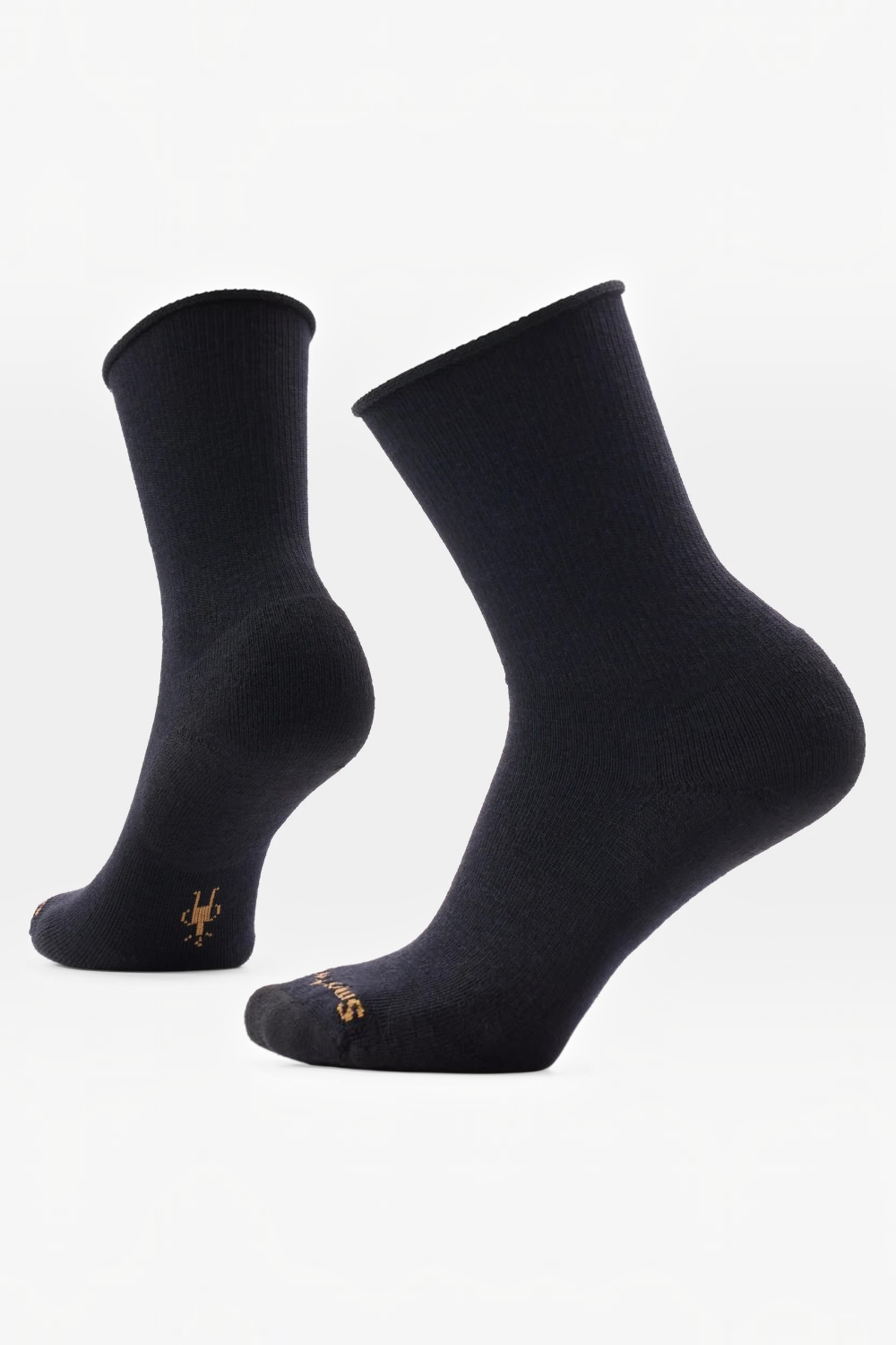 A pair of black crew socks with small gold logos on the toes, displayed on a clean white background.