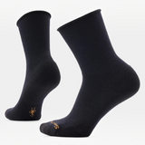 A pair of black crew socks with small gold logos on the toes, displayed on a clean white background.