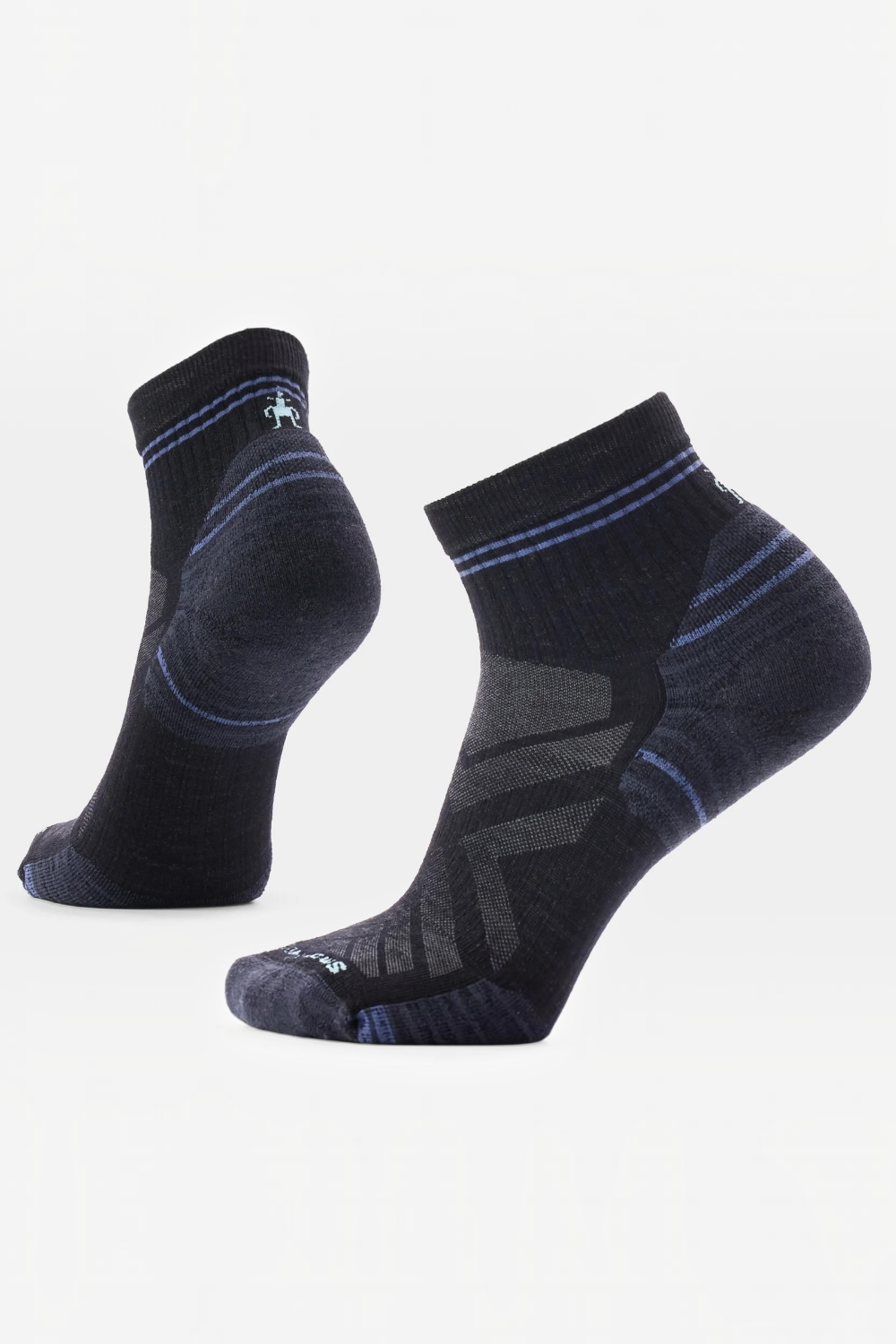 Pair of black and purple ankle socks on a white background