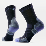 A pair of crew-length athletic socks in black with heathered gray striped zones and purple accents on the heel, toe, and sole, shown against a plain white background.