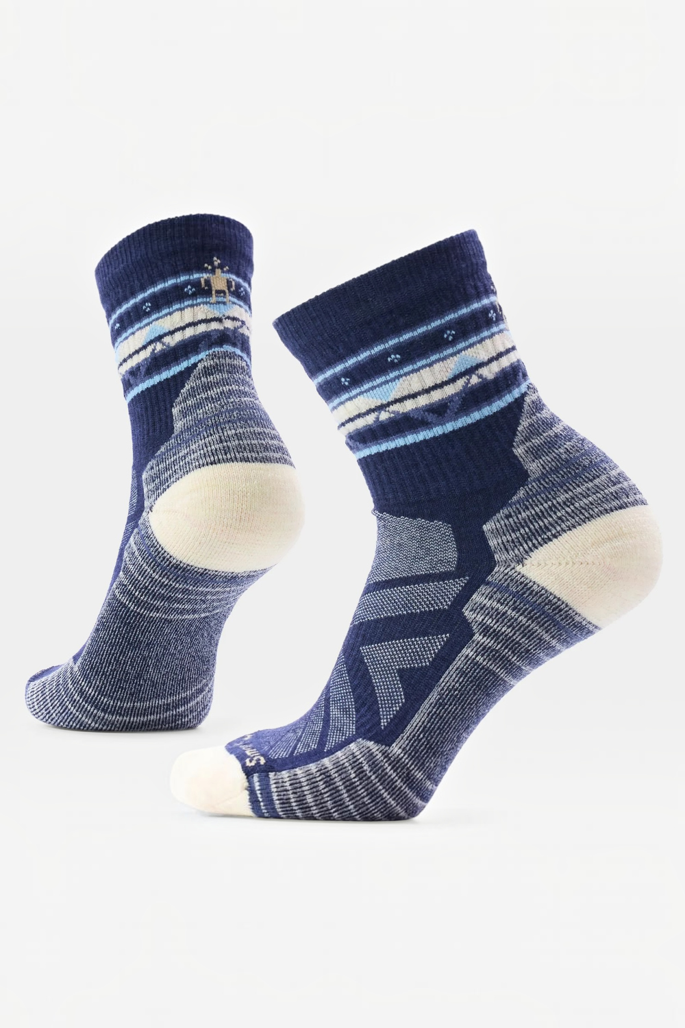 Crew length socks with cream toe an heal and a navy mix zig zag print throughout the rest.