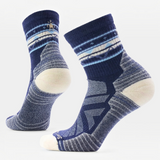 Crew length socks with cream toe an heal and a navy mix zig zag print throughout the rest.