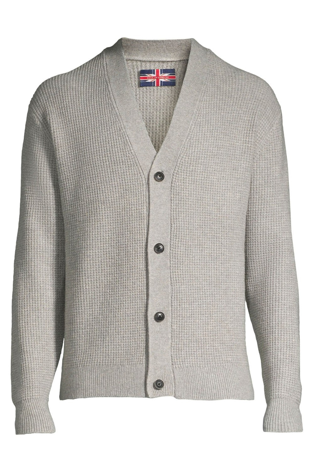 Gray cardigan with a small flag patch on a white background