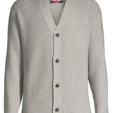 Gray cardigan with a small flag patch on a white background