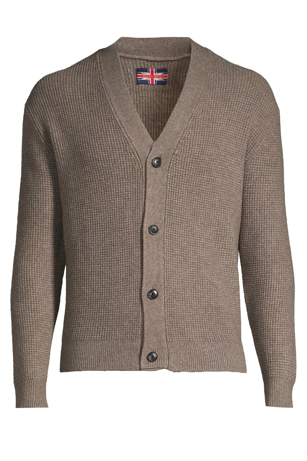 Brown cardigan with a Union Jack label on a white background