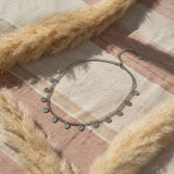 Necklace with small heart pendants on a textured surface with fur accents