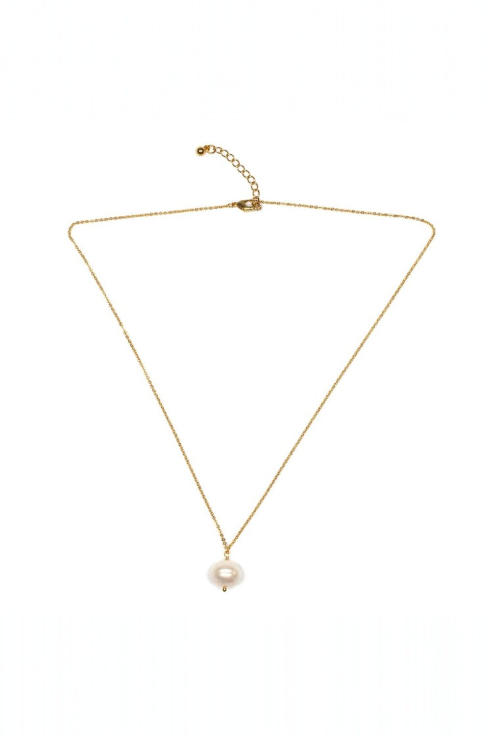 Gold necklace with a single pearl pendant on a white background