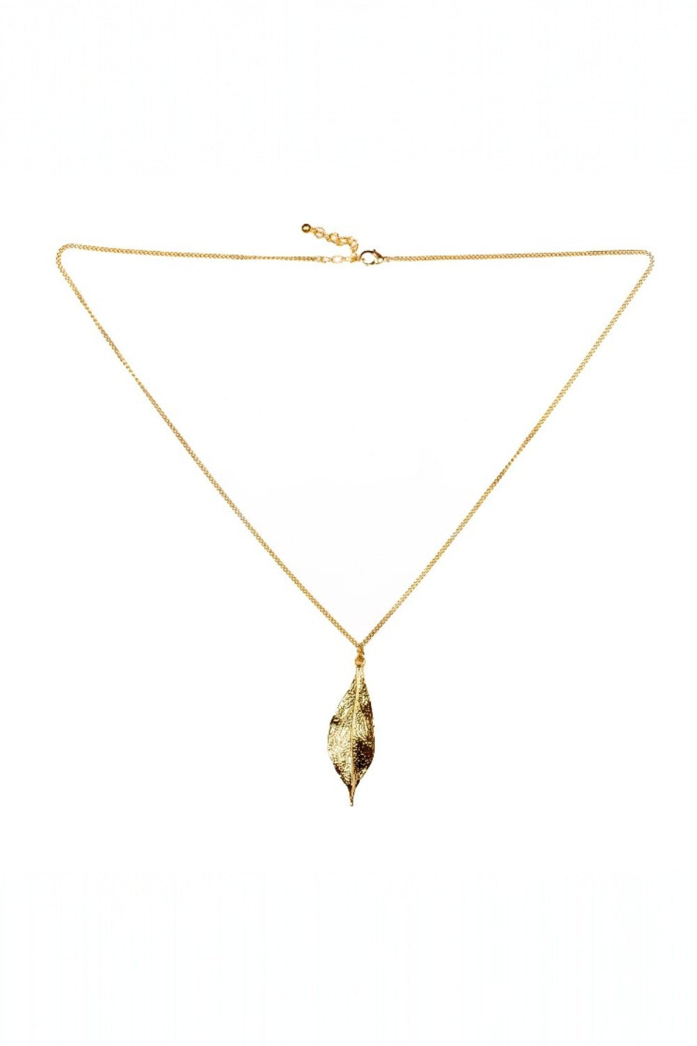 Gold necklace with a pendant on a white background