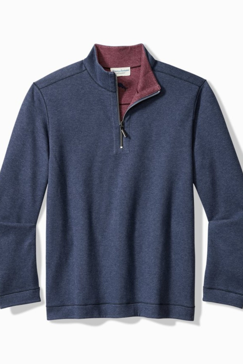 Blue pullover with maroon interior on a white background