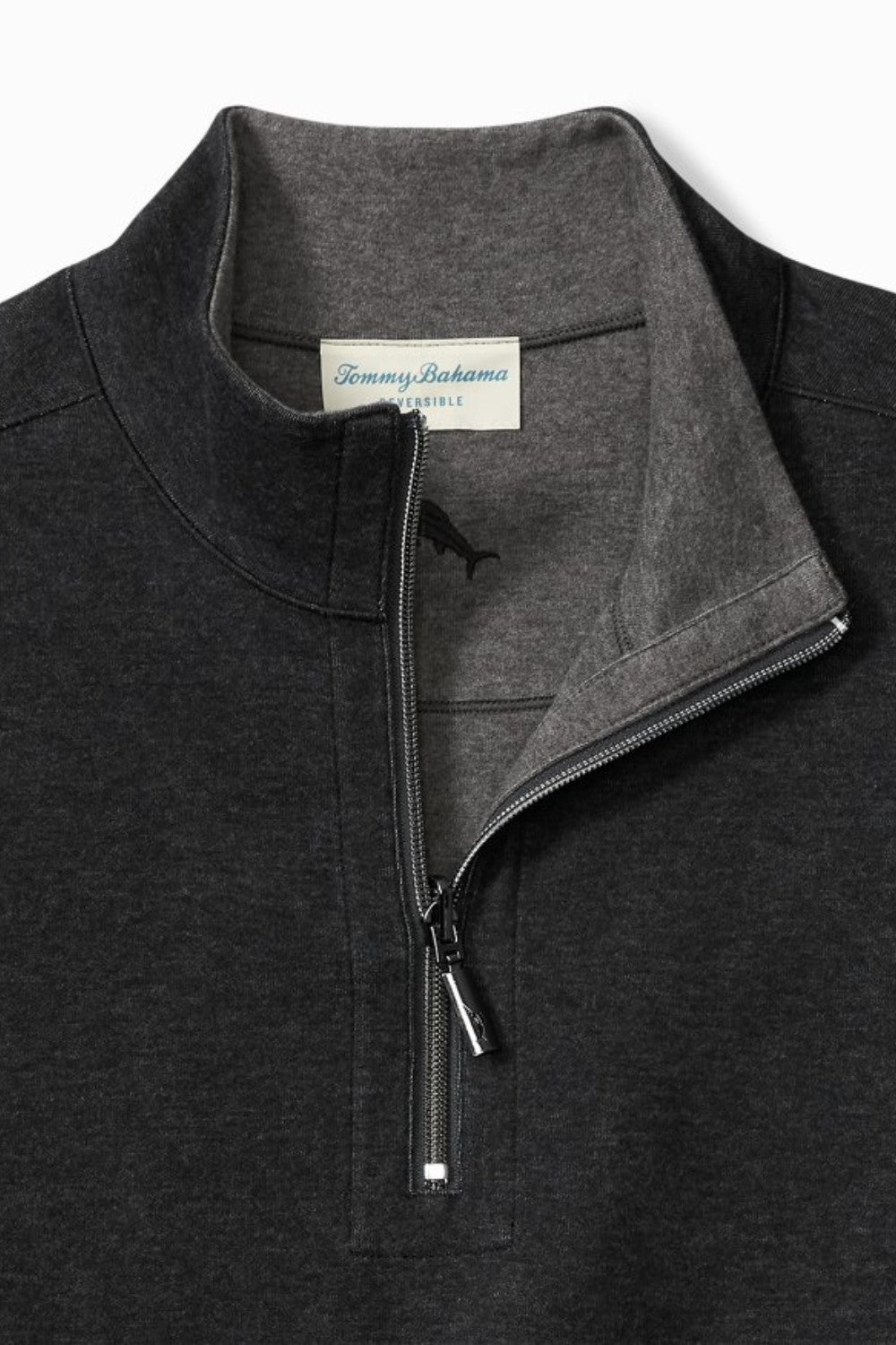 Gray zip-up sweatshirt with Tommy Bahama label on a white background