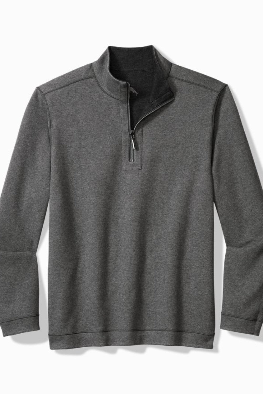 Gray pullover with a quarter zip on a white background