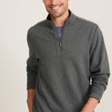 Man wearing a gray half-zip sweatshirt against a plain background