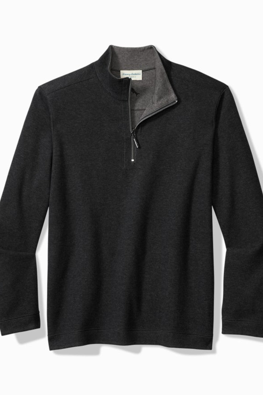 Black pullover with gray collar on a white background