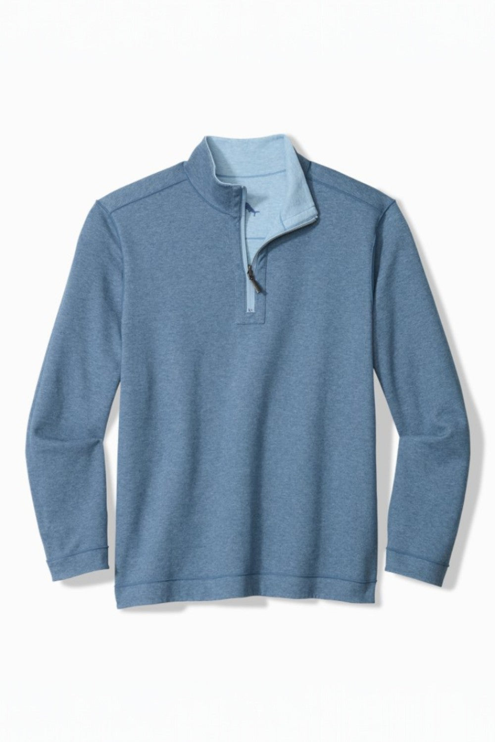 Blue pullover with a contrasting collar on a white background