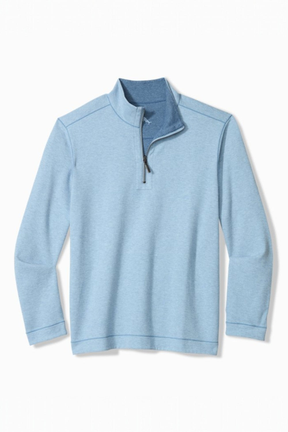 Light blue pullover with a quarter zip on a white background