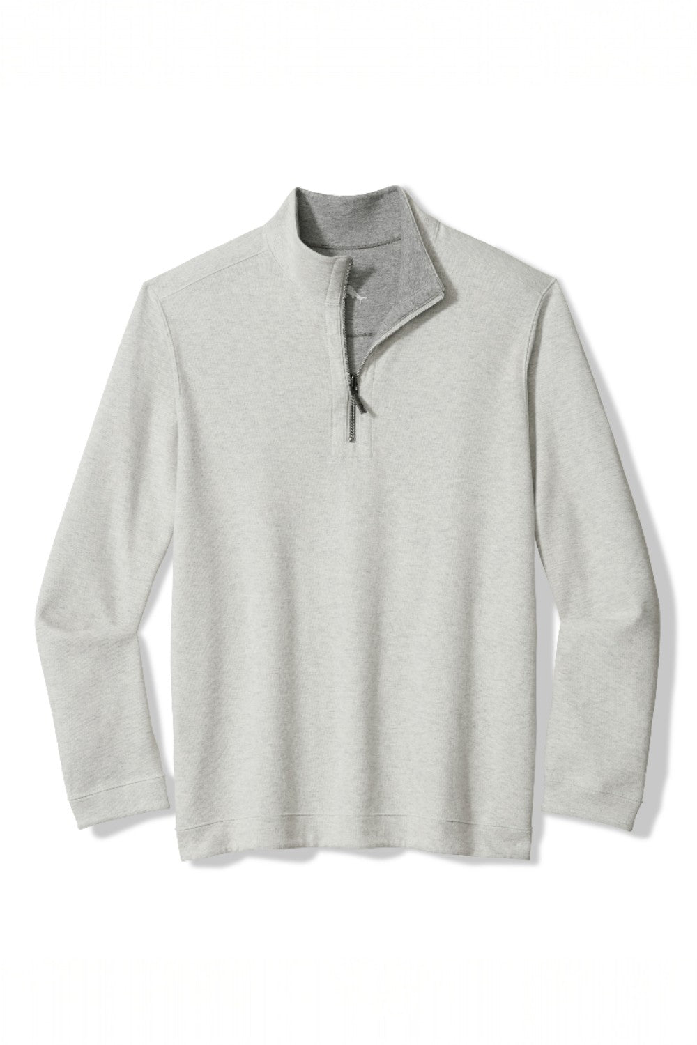 Gray fleece pullover with a quarter zip on a white background