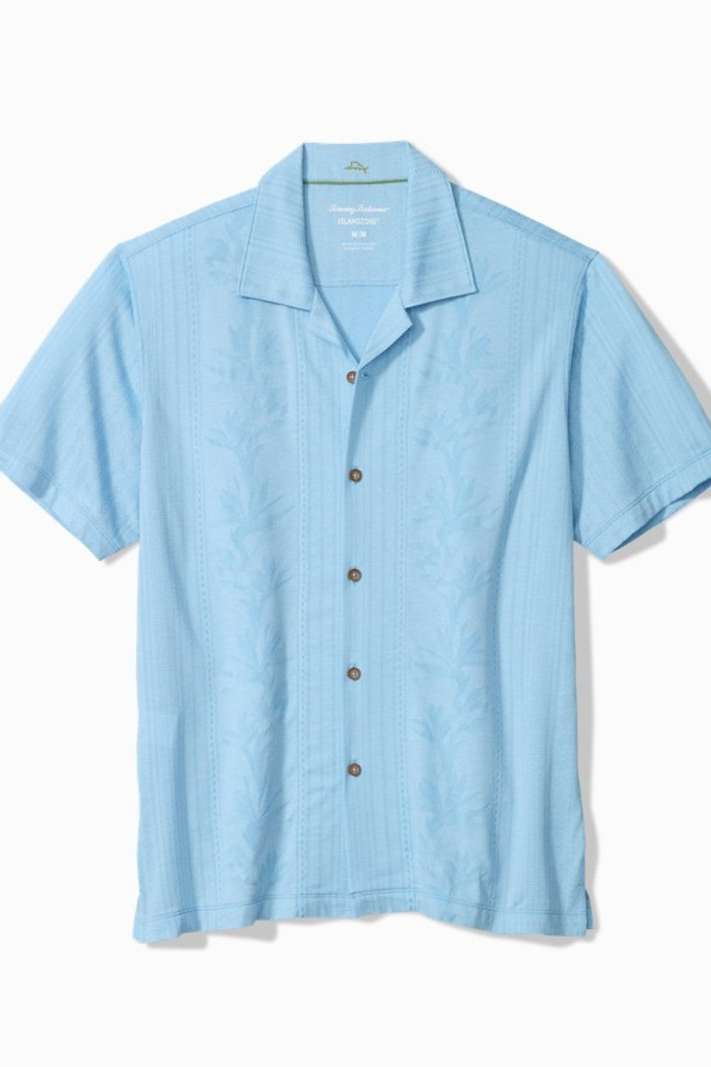 Light blue short-sleeve shirt with buttons on a white background