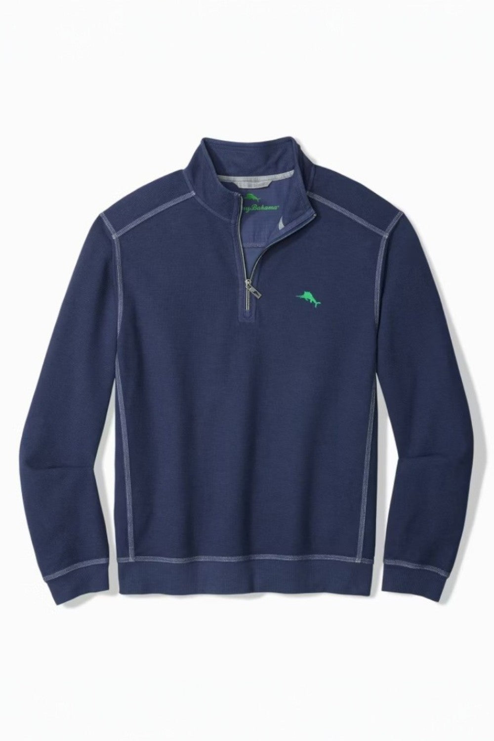 Navy blue pullover with a small logo on a white background