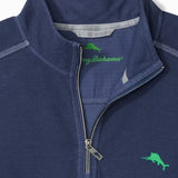 Navy blue pullover with a zipper and green logo on a white background