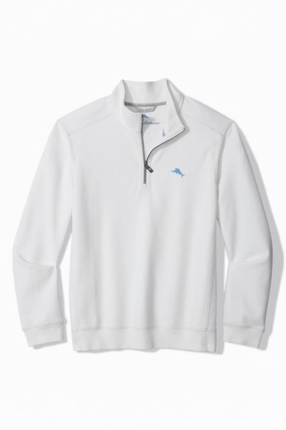 White fleece pullover with a brand logo on a white background