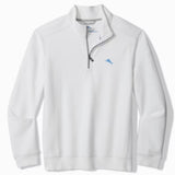 White fleece pullover with a brand logo on a white background