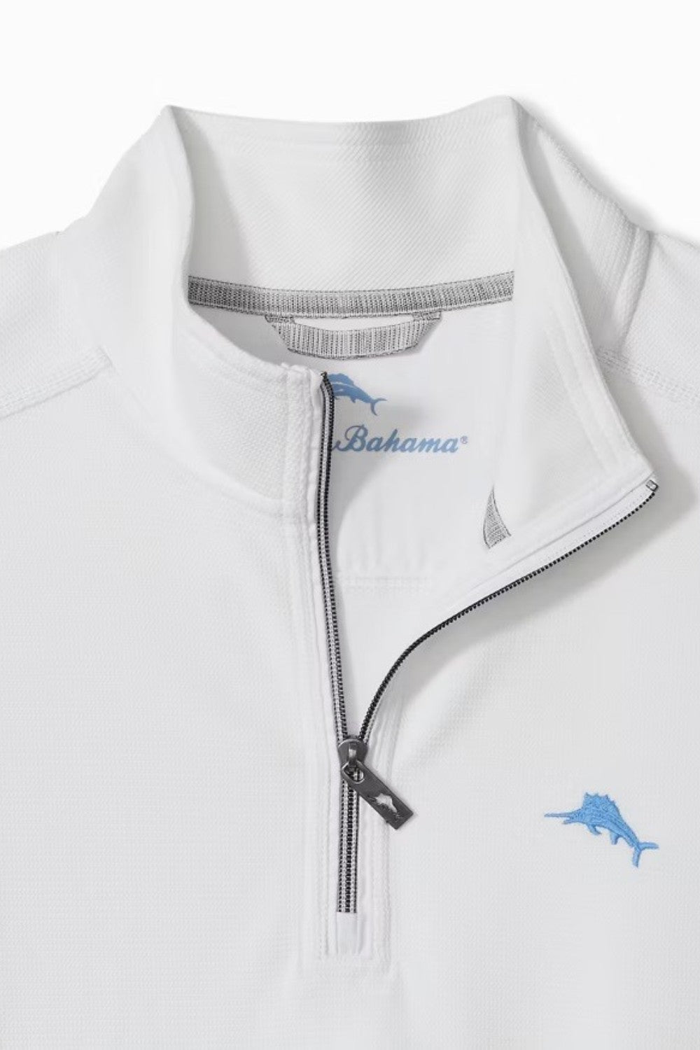 White jacket with blue logo and text on a white background