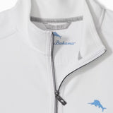 White jacket with blue logo and text on a white background