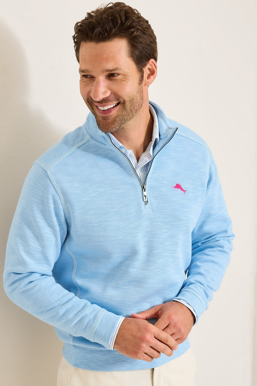 For sunset at the beach or an easy bonfire layer, look to this comfortable half-zip sweatshirt with a subtle faded wash and unique slubbed texture.