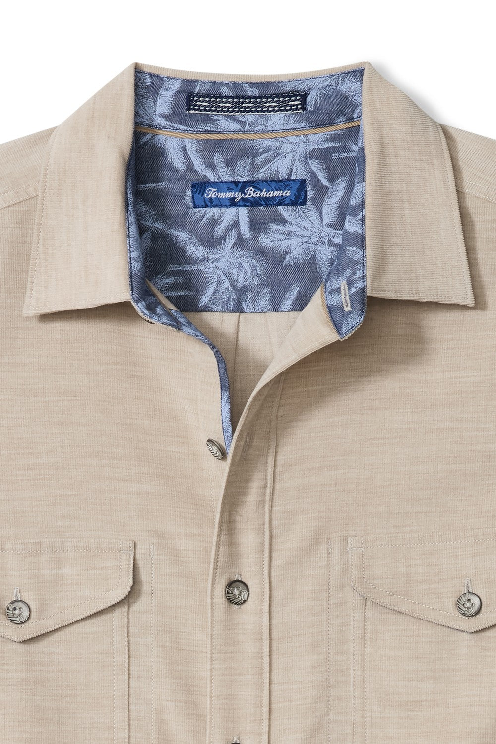 Beige shirt with blue floral lining and Tommy Bahama logo