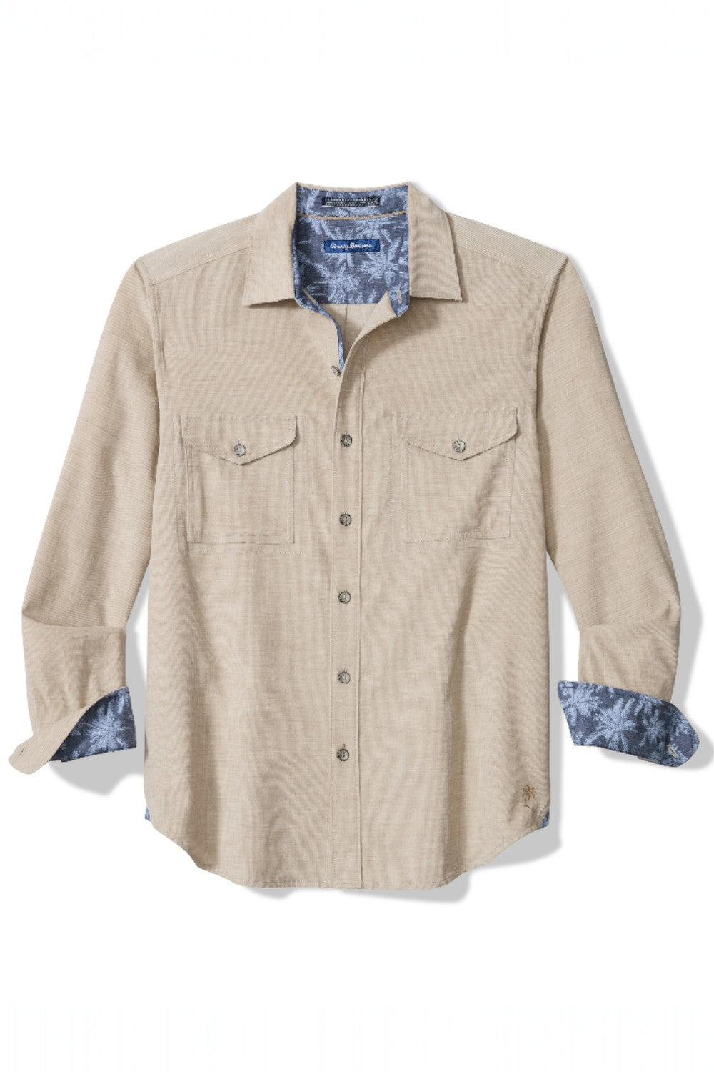 Beige button-up shirt with blue cuffs and collar on a white background