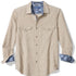Beige button-up shirt with blue cuffs and collar on a white background