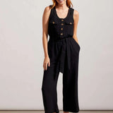 Nail that one-and-done look and instantly revive your warm-weather style by slipping into this sleeveless jumpsuit flaunting little bits of flair and a comfortable fit. We're crushing on the button-front bodice framed by patch pockets, dainty spaghetti straps, 25" inseam, and crinkled gauze fabric that offers lightweight coverage.