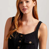 Nail that one-and-done look and instantly revive your warm-weather style by slipping into this sleeveless jumpsuit flaunting little bits of flair and a comfortable fit. We're crushing on the button-front bodice framed by patch pockets, dainty spaghetti straps, 25" inseam, and crinkled gauze fabric that offers lightweight coverage.