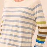 Close-up of a person wearing a striped sweater with a neutral background