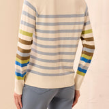 Person wearing a striped sweater with a neutral background