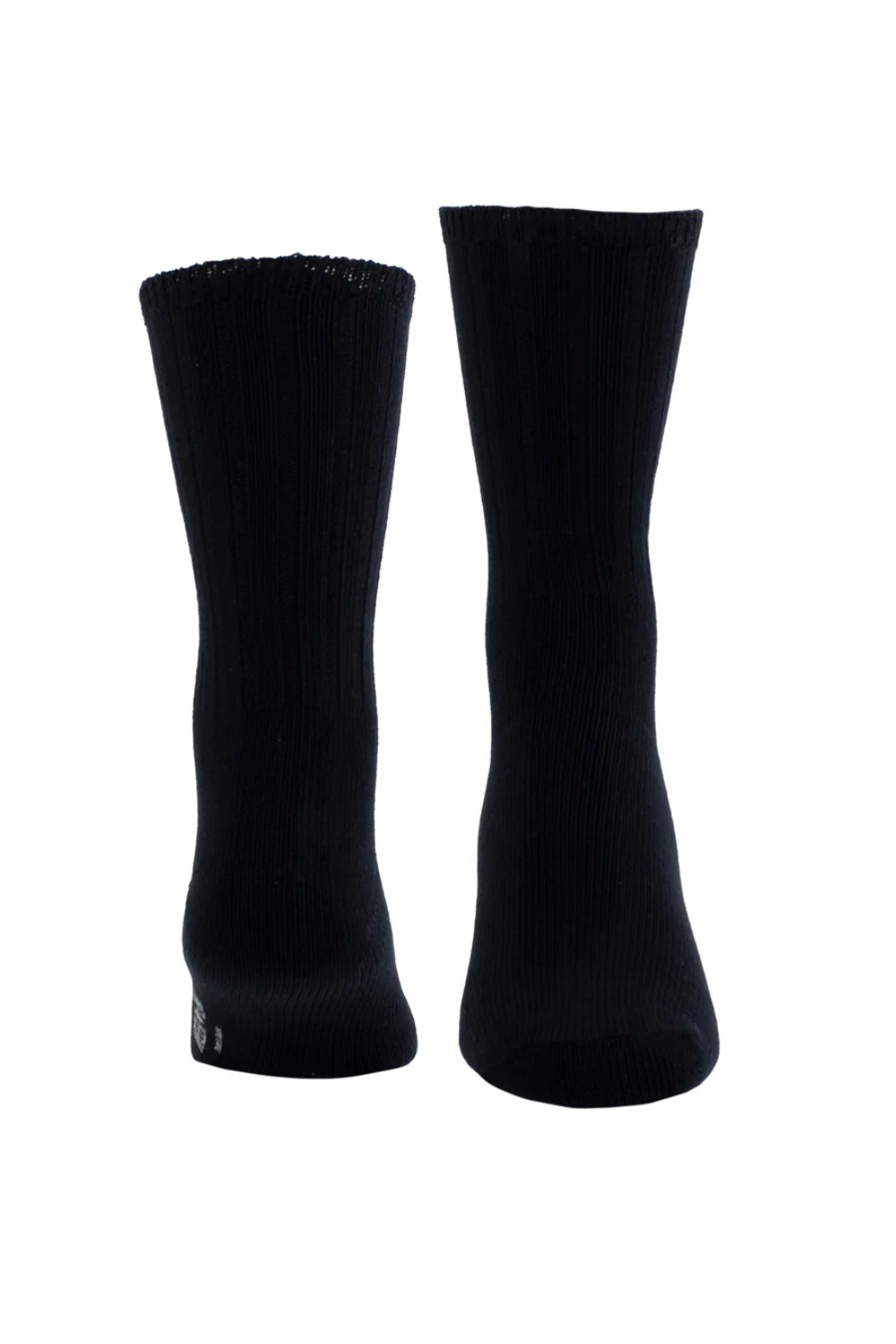 Two black socks, one showing from the toe and the other from the heel, photographed on a light background.