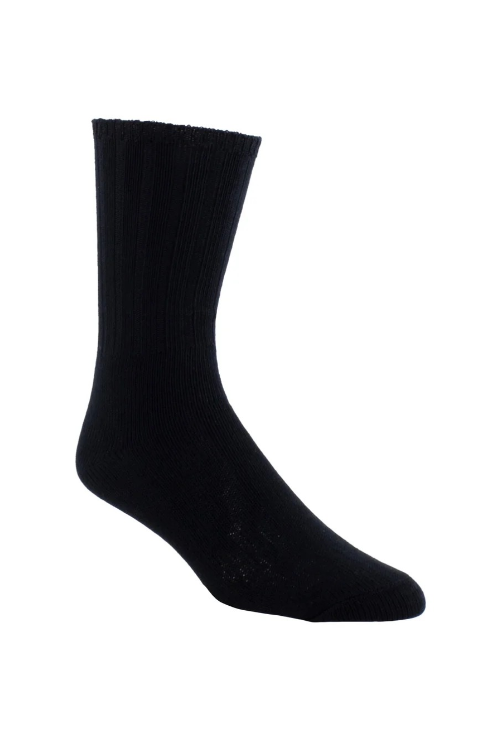 One black sock, shown from the side, photographed on a light background.