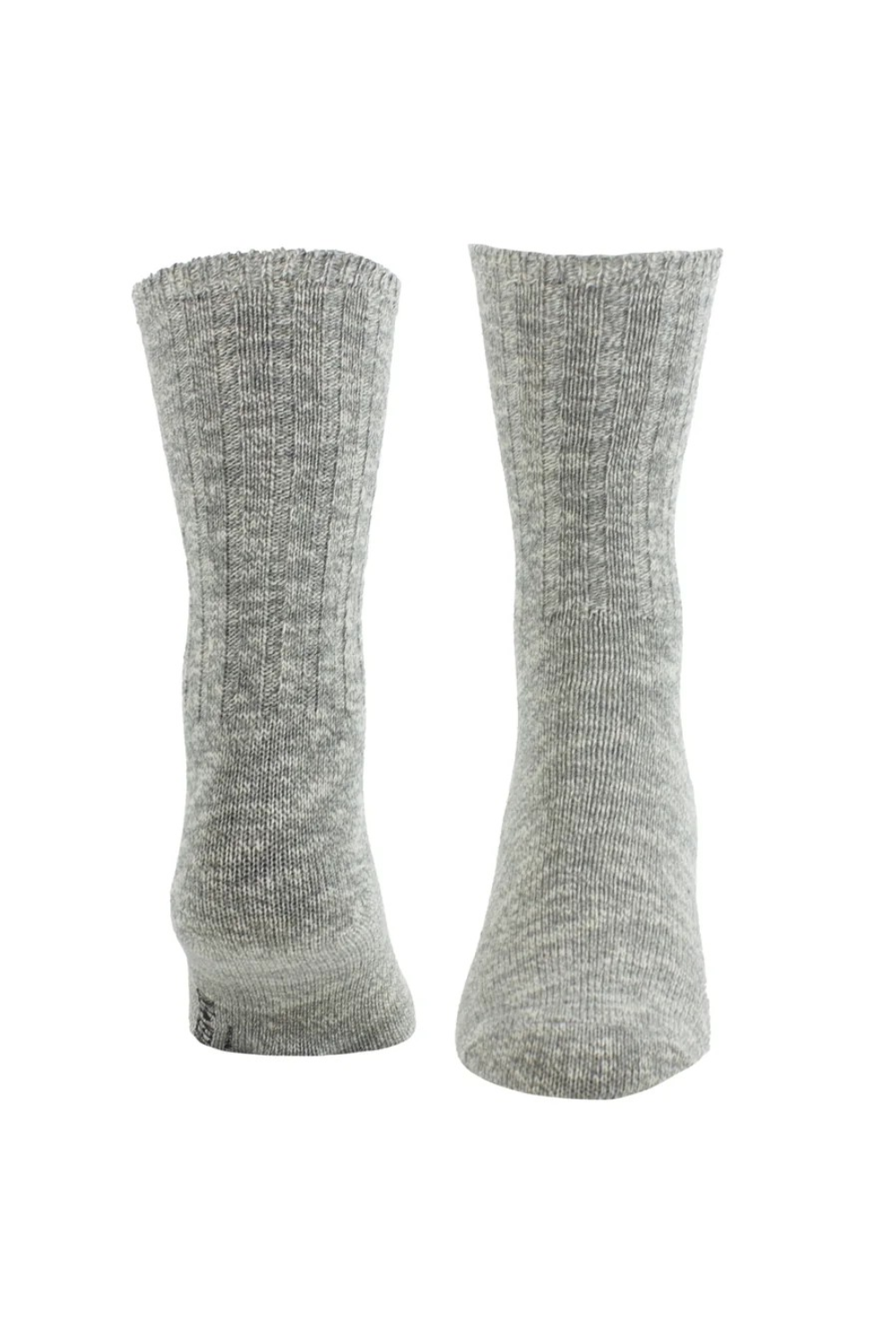 Two grey mix socks, one showing from the toe and the other from the heel, photographed on a light background.