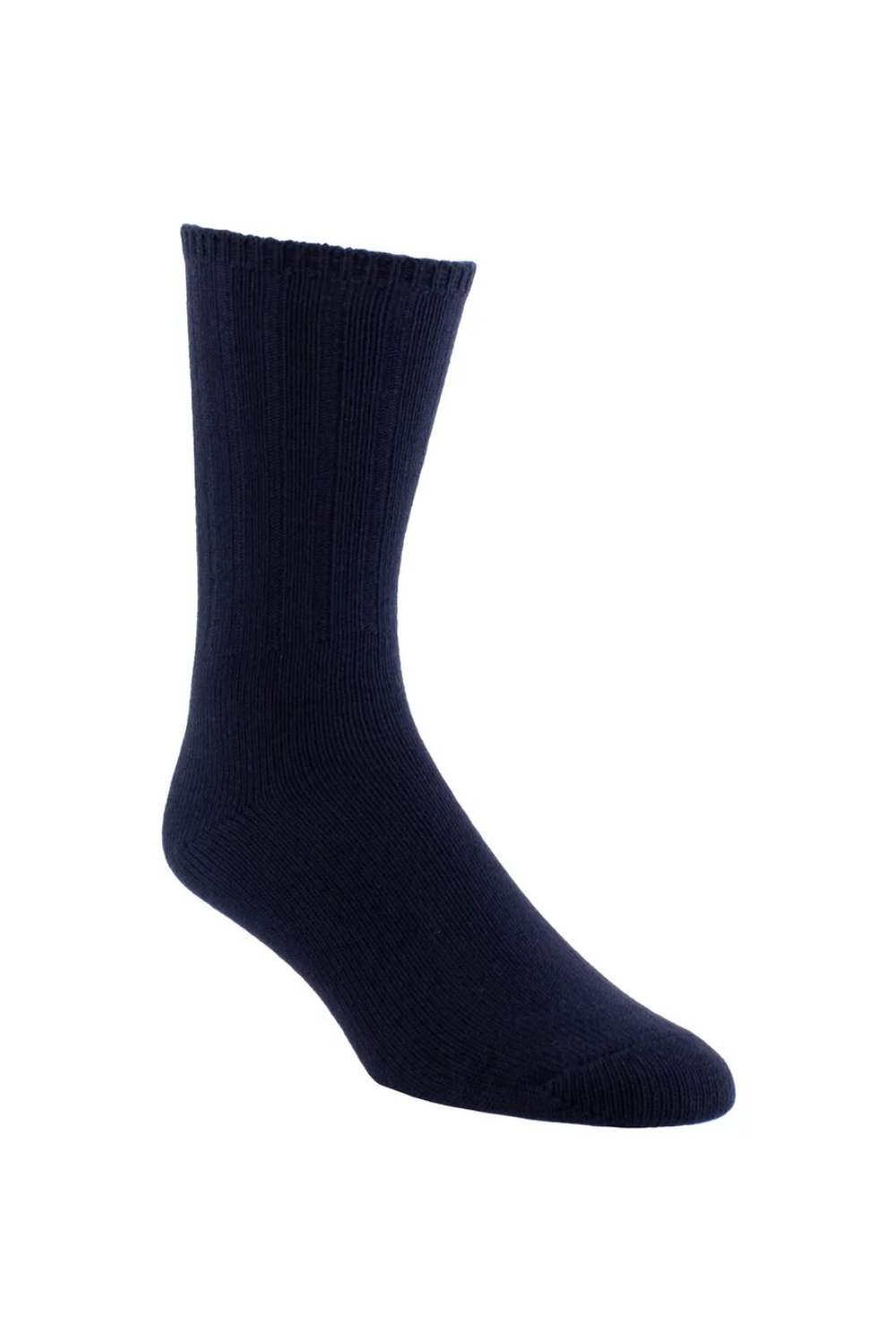 One navy sock, shown from the side, photographed on a light background.