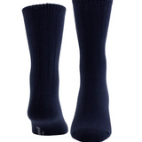 Two navy socks, one showing from the toe and the other from the heel, photographed on a light background.