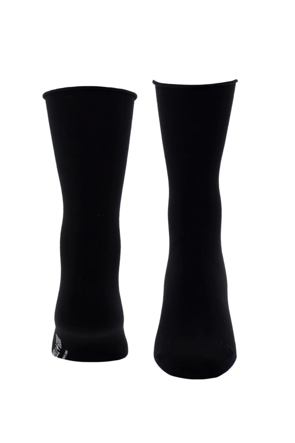 Two black socks, one showing from the toe and the other from the heel, photographed on a light background.