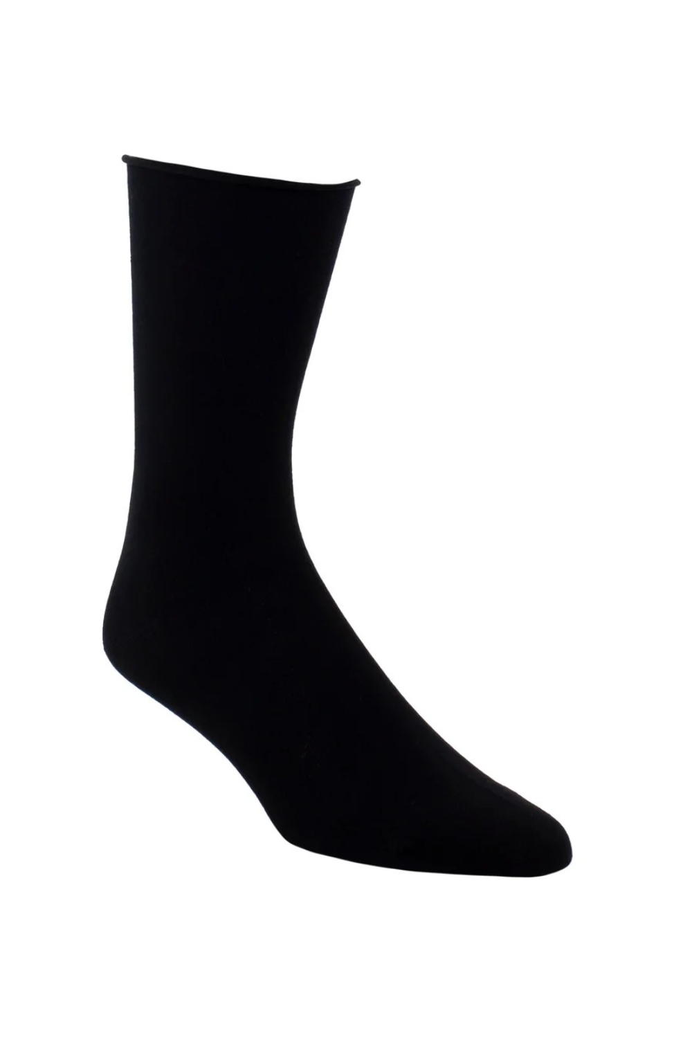 One black sock, shown from the side, photographed on a light background.