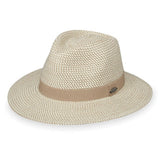 Beige hat with a brown band on a white background